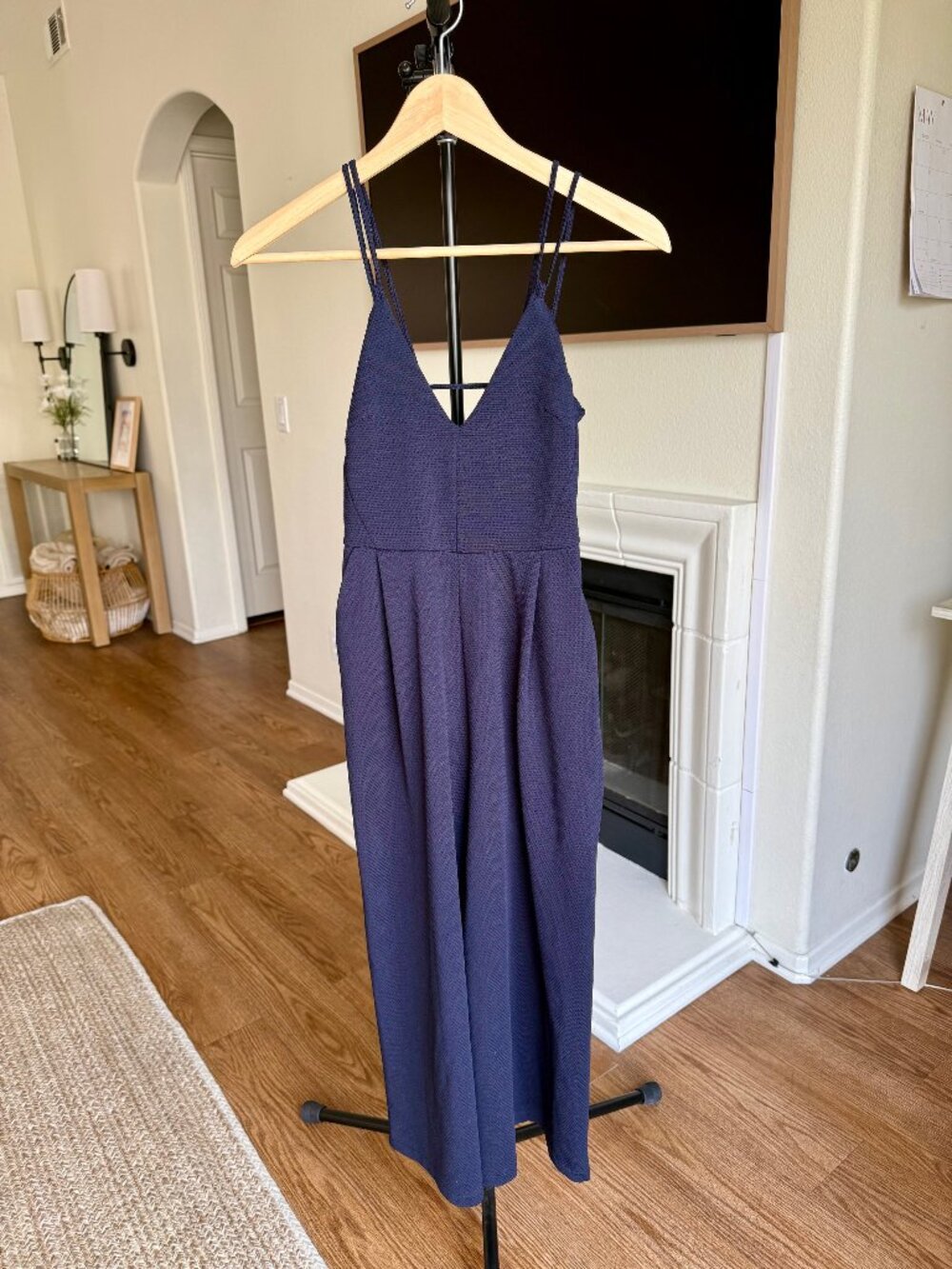 Zara Navy Blue Wide Leg Pleated  Minimal Coastal Jumpsuit Size Small